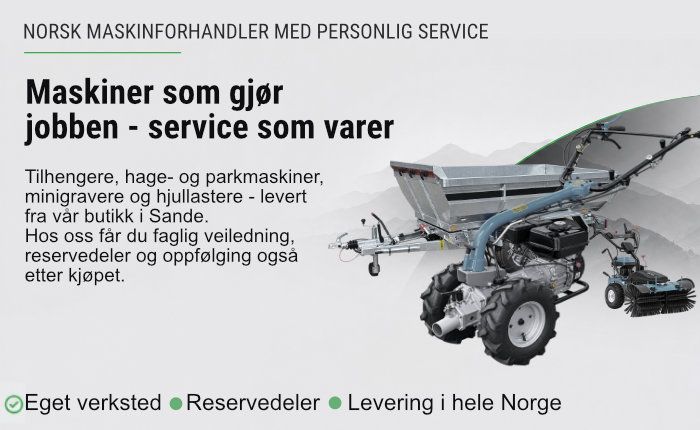 Banner med flere hage produkter fra JB-hagemaskiner.no