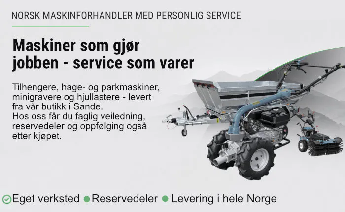 Banner med flere hage produkter fra JB-hagemaskiner.no